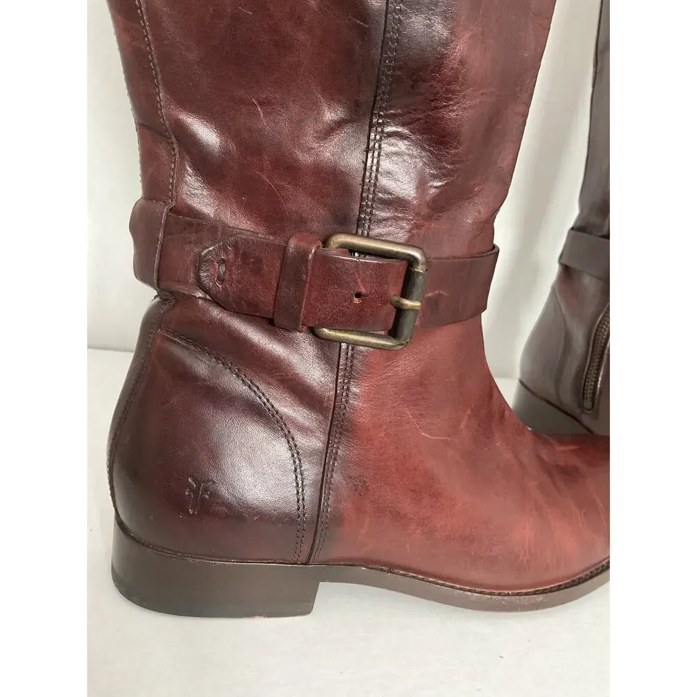 Frye - Melissa - Moto/Riding Tall boots - Redwood Brown Distressed Leather - 8B